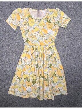LuLaRoe Amelia Dress Womens XS Yellow Green Floral Fit and Flare Zip Back